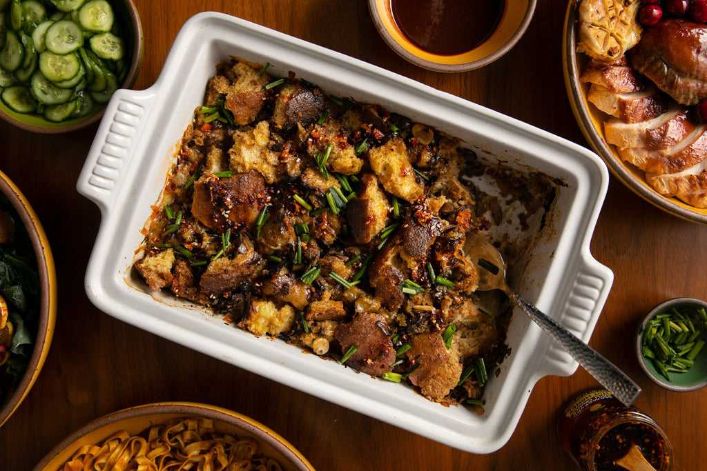 Cheesy Black Truffle Chili Crunch Stuffing with Mushrooms
    
    
    
      &ndash; Momofuku Goods