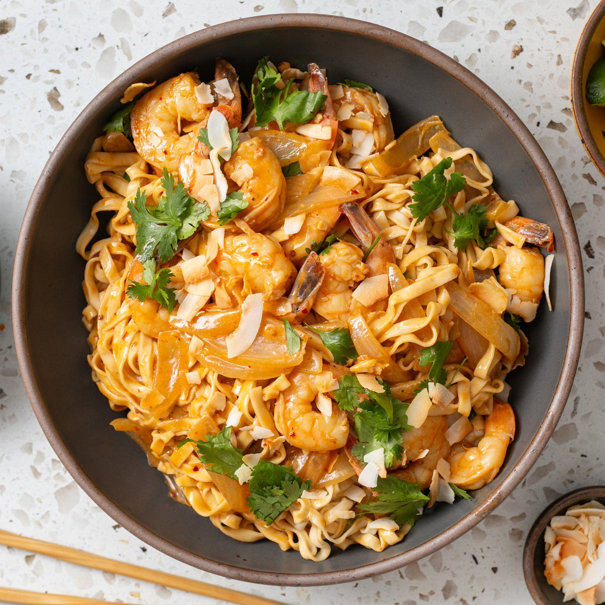 bowl of creamy coconut shrimp noodles