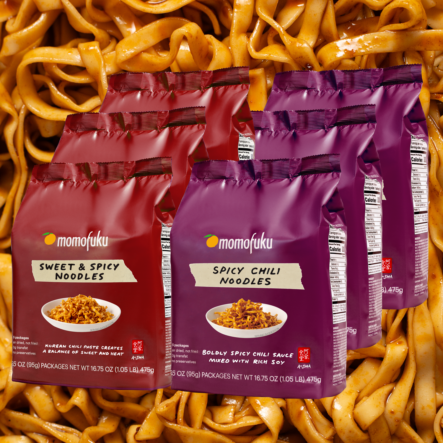 3 bags of sweet & spicy noodles, 3 bags of spicy chili noodles