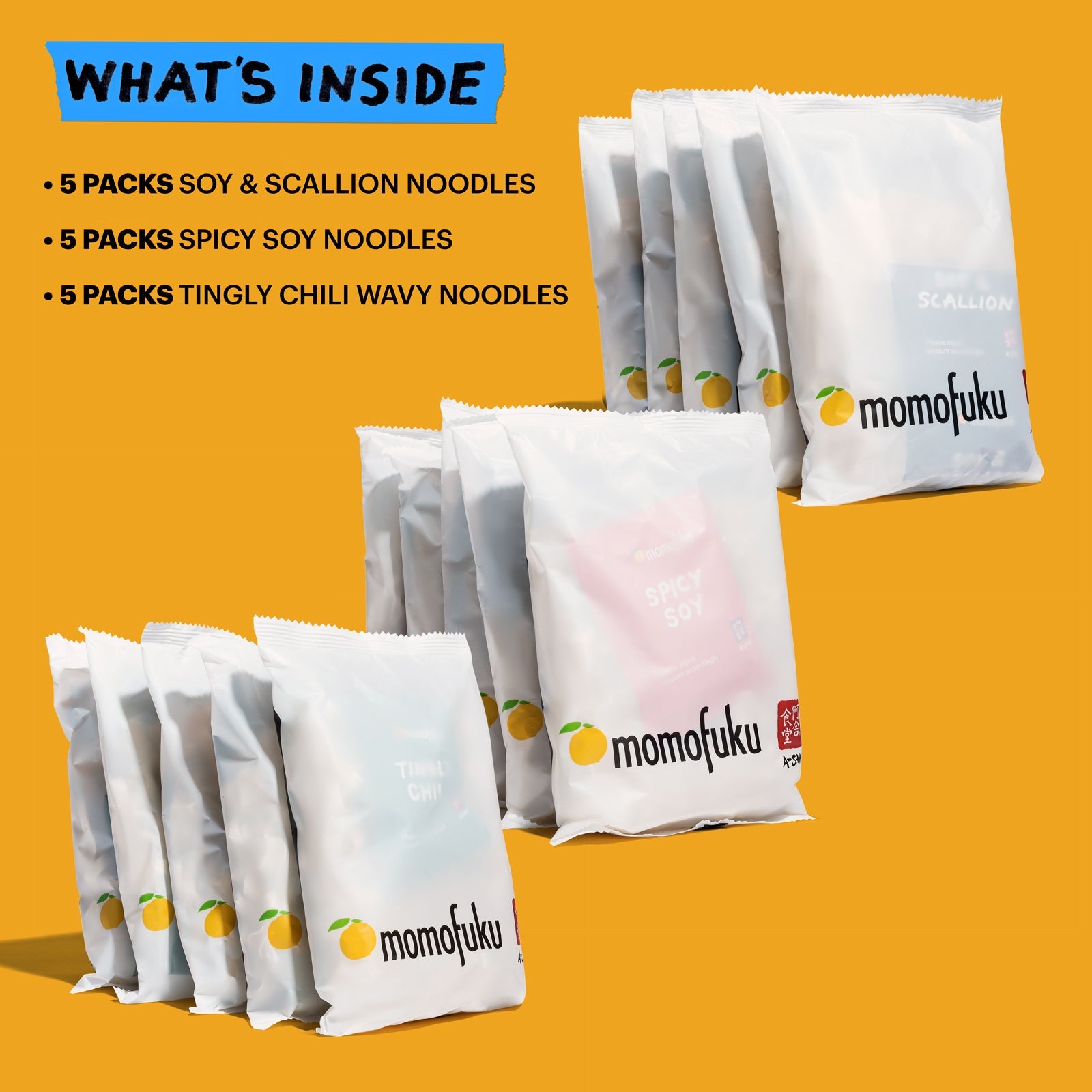 What's inside: 5 packs Soy & Scallion noodles, 5 packs Spicy Soy Noodles, 5 packs Tingly Chili Wavy Noodles
