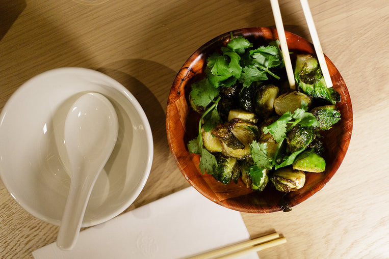 Brussels Sprouts with Kimchi Purée and Bacon