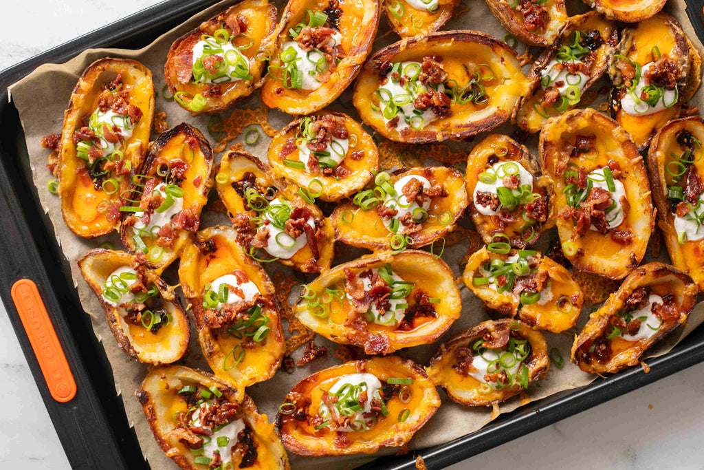 Cheesy Chili Crunch Potato Skins with Hot Honey Bacon Bits – Momofuku Goods