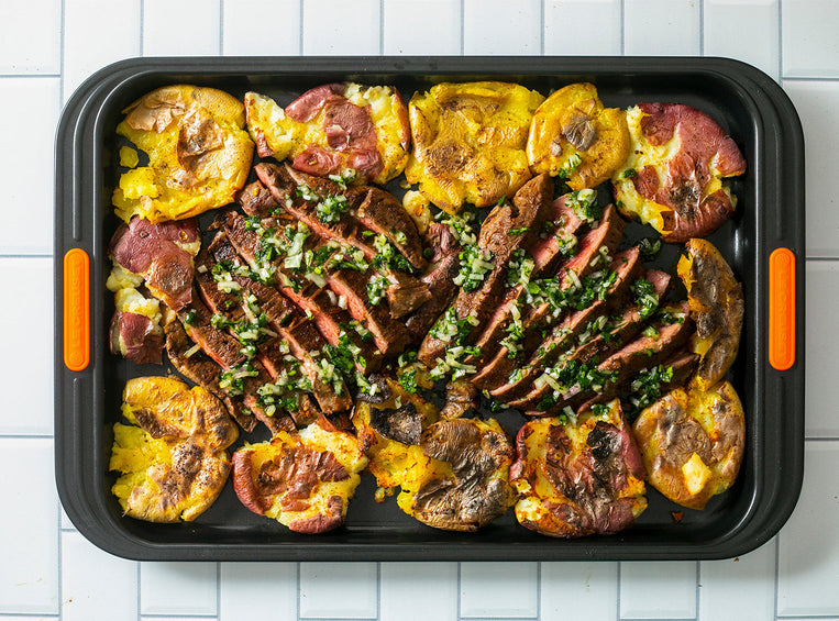 Sheet Pan Soy-Marinated Flank Steak with Savory Smashed Potatoes