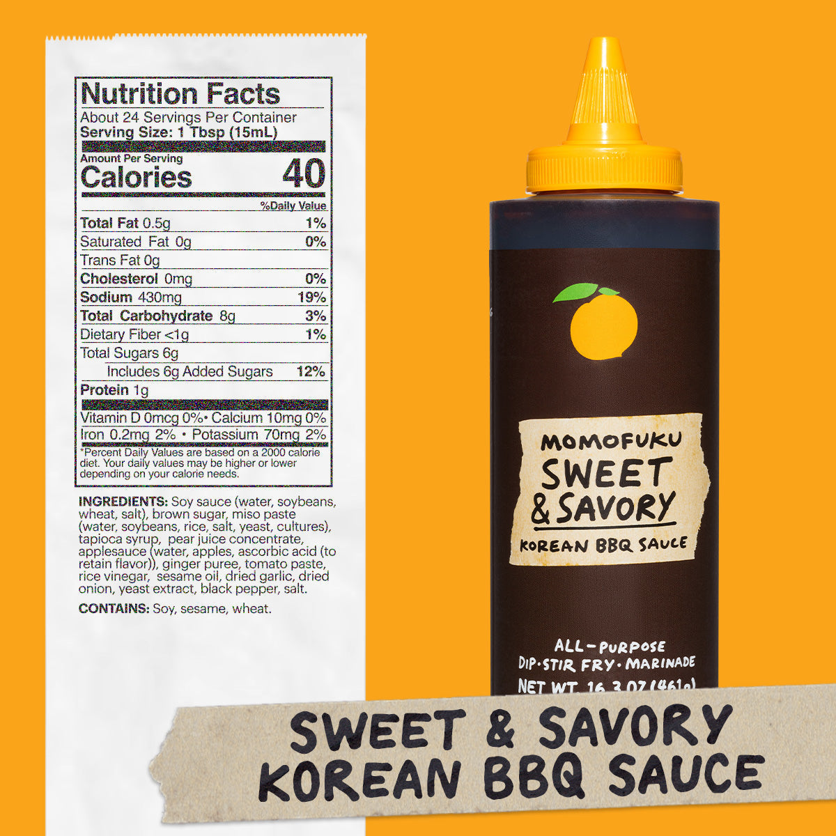 Nutritional panel and bottle of Sweet & Savory Korean BBQ Sauce