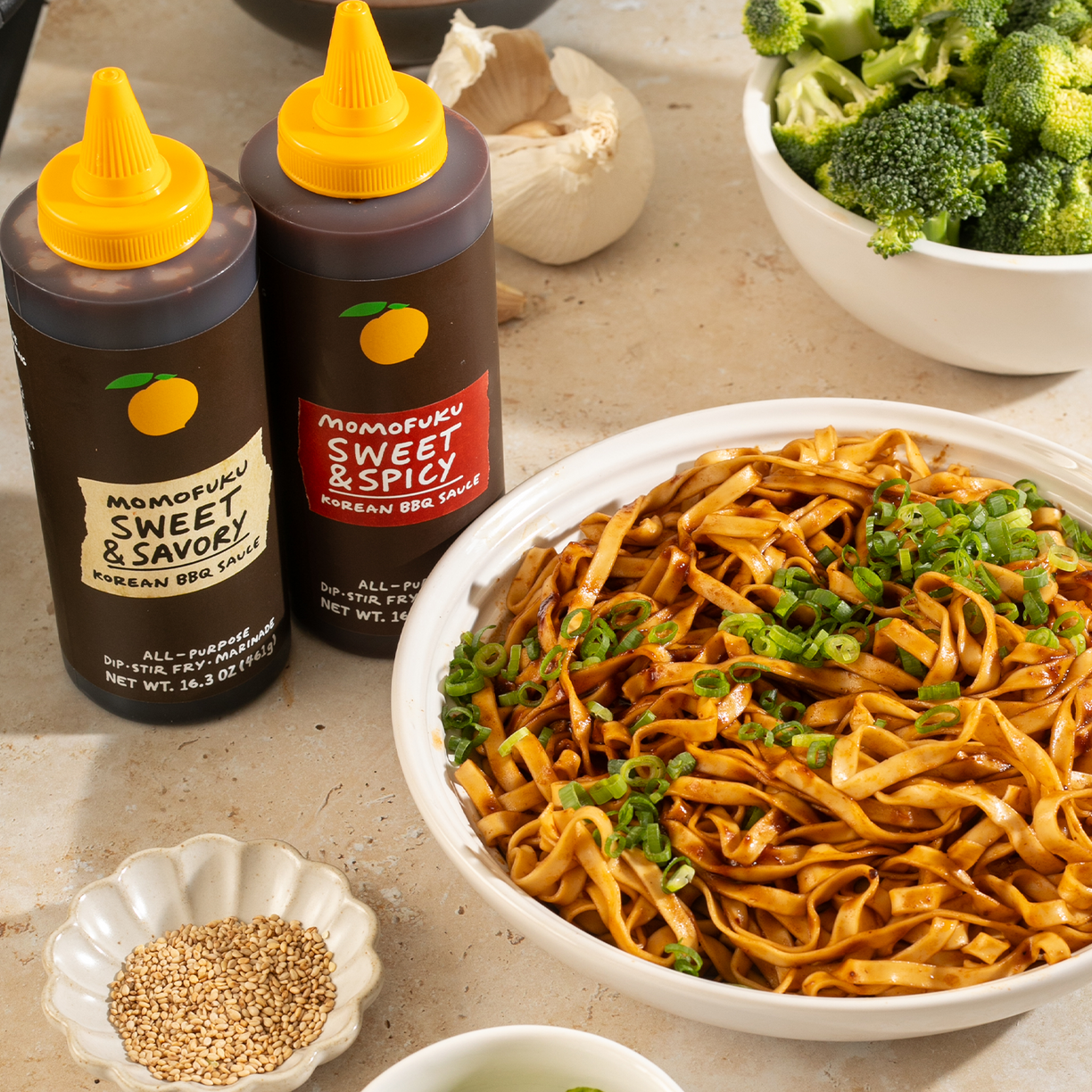 sweet and savory, sweet & spicy korean bbq sauce and momofuku noodles in a bowl