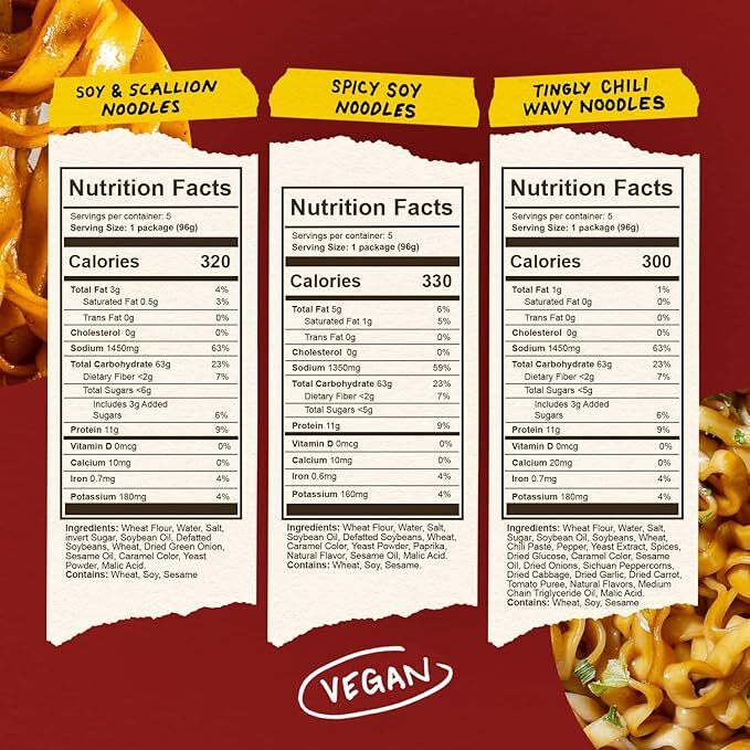 Nutrition panel and ingredient list for Soy & Scallion, Spicy Soy, and Tingly Chili Wavy Noodles