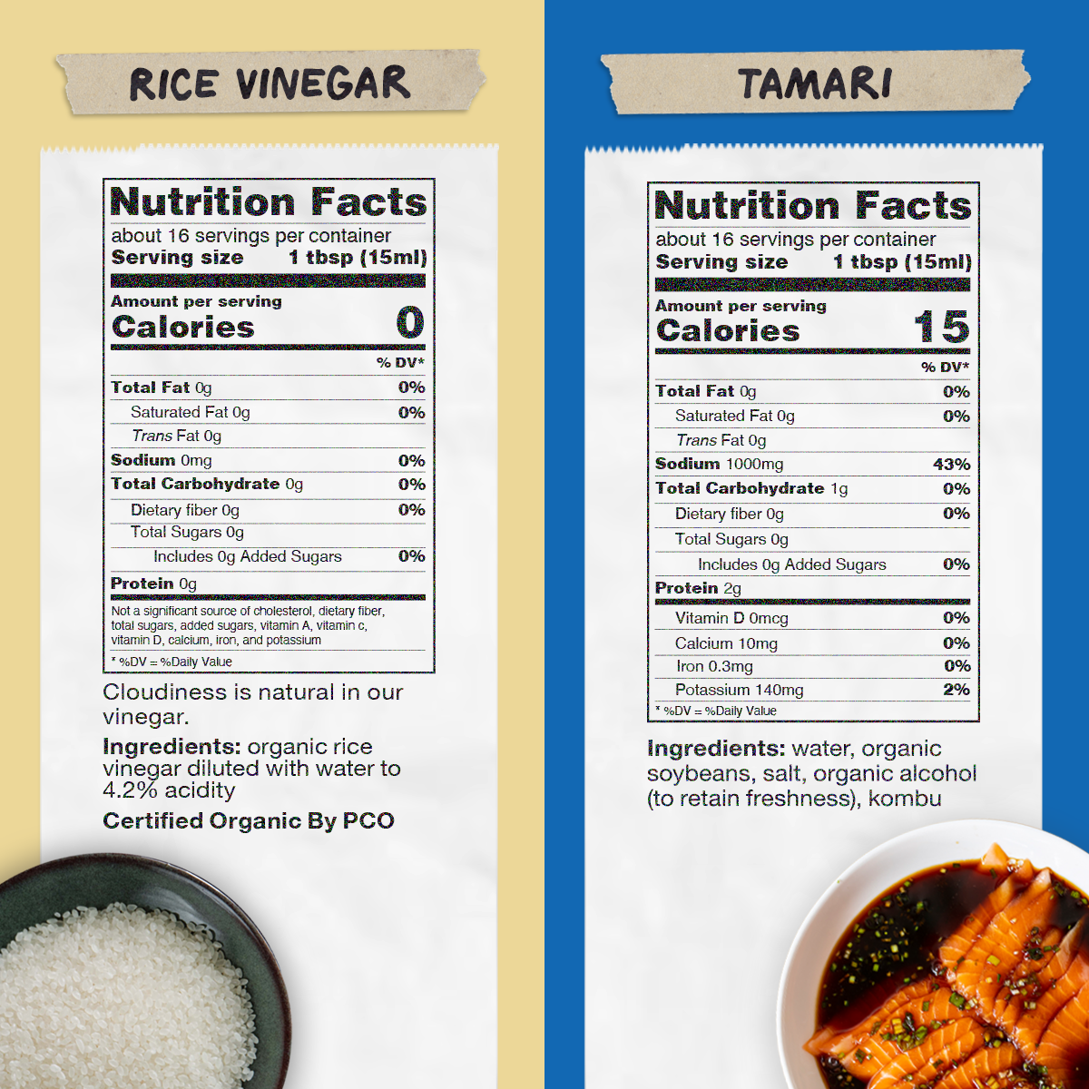 Nutrition panels and ingredient list for Rice Vinegar and Tamari