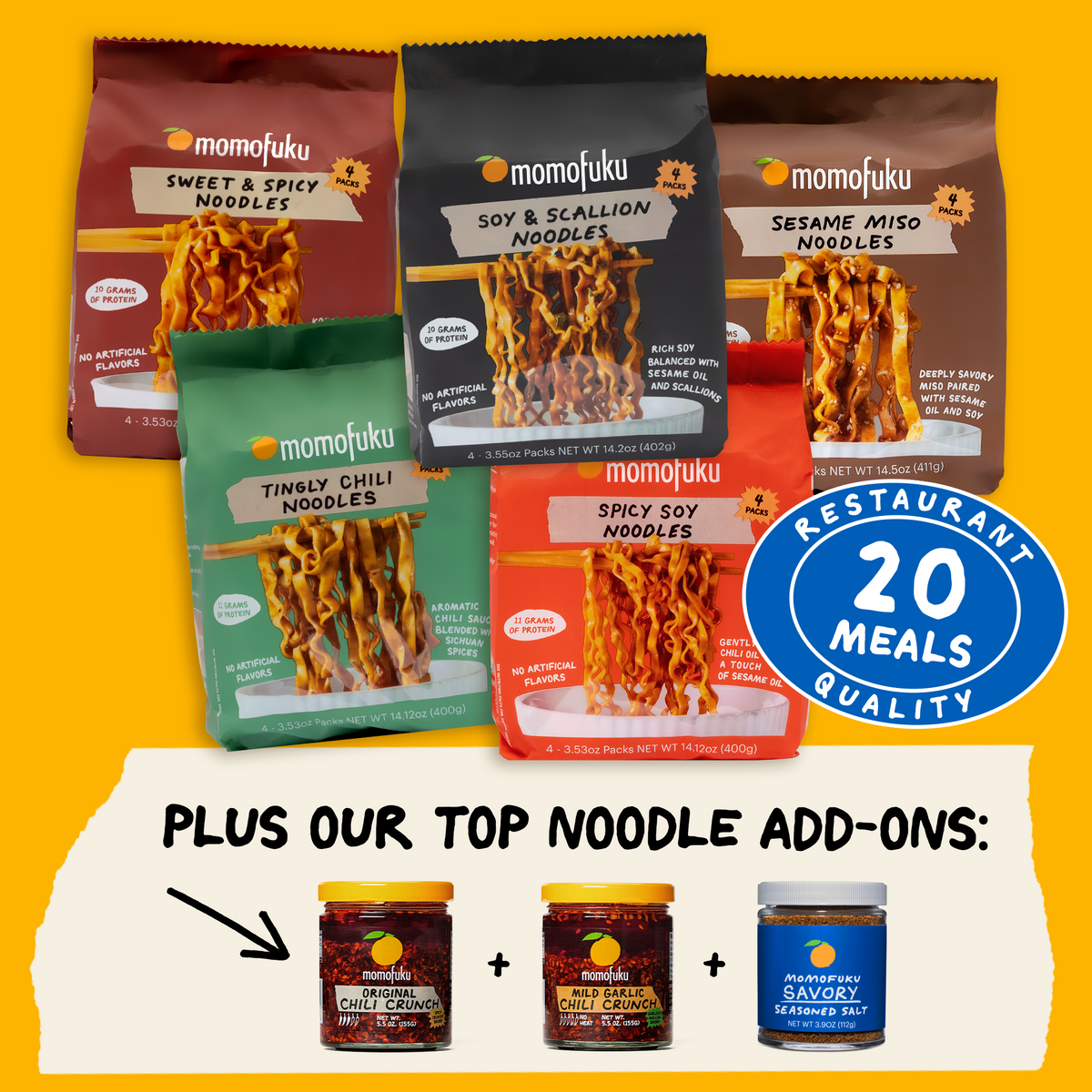A promotional collage for Momofuku noodles on a bright yellow background. The top half shows six Momofuku noodle bags in different flavors and colors, including Sweet & Spicy, Soy & Scallopion, Sesame Miso, and Tingly Chilli Noodles.