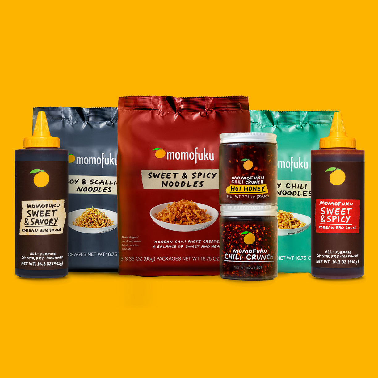 Noodles and sauces bundle: sweet savory & spicy korean bbq sauce, hot honey and oh chili crunch and soy & scallion, sweet & spicy and tingly noodles.