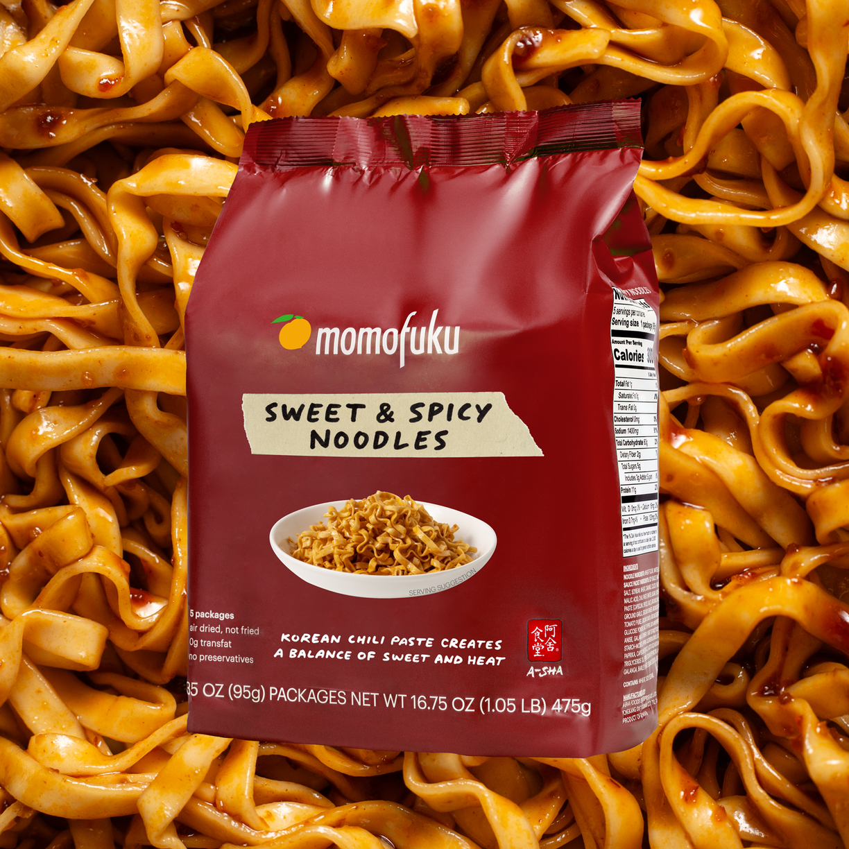 5 pack of sweet & spicy noodles with noodle background